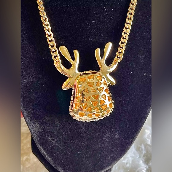 Betsey Johnson NWT Sparkling Pave Crystals RedNosed Reindeer NecklaceGold Chain - Picture 9 of 9